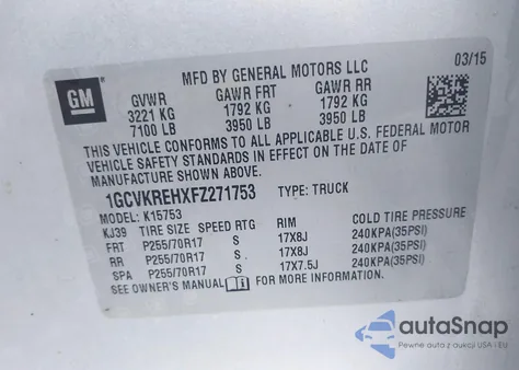 2015 Chevrolet Silverado 1500 1Lt из США, поврежденный, VIN 1GCVKREHXFZ271753